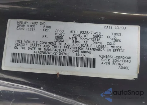 1999 Toyota Tacoma Prerunner V6 from USA, damaged, VIN 4TASN92N5XZ434701